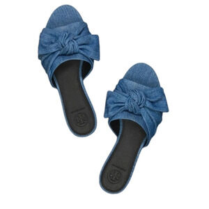 Tory‎ Burch Annabelle Blue Denim Chambray Bow Detail Slide Sandals Size 5.5 New